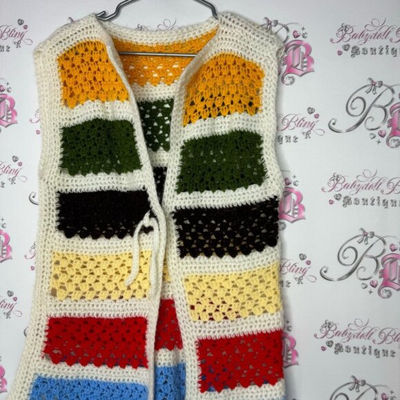 Vest cardigan knit handmade striped crochet ribbon π bow tie up warm cozy cute - Picture 5 of 14